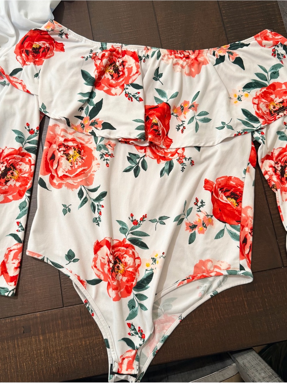 Floral Off-Shoulder Long Sleeve Bodysuit - Coral Rose Print